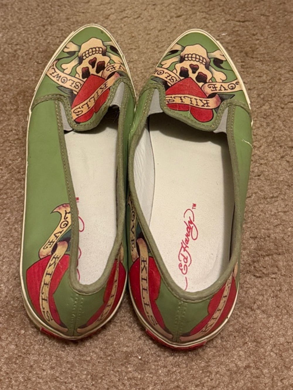 Ed Hardy Green and Red Skull Slip-On Sneakers size 7